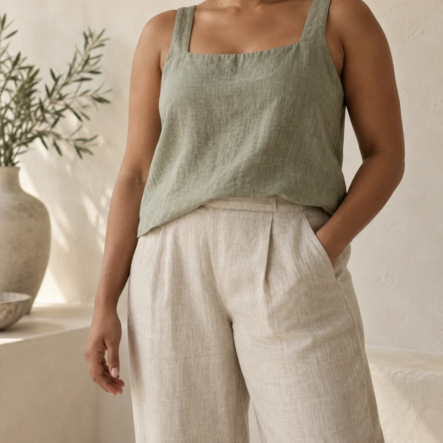Adult in neutral linen clothing, cropped at the waist